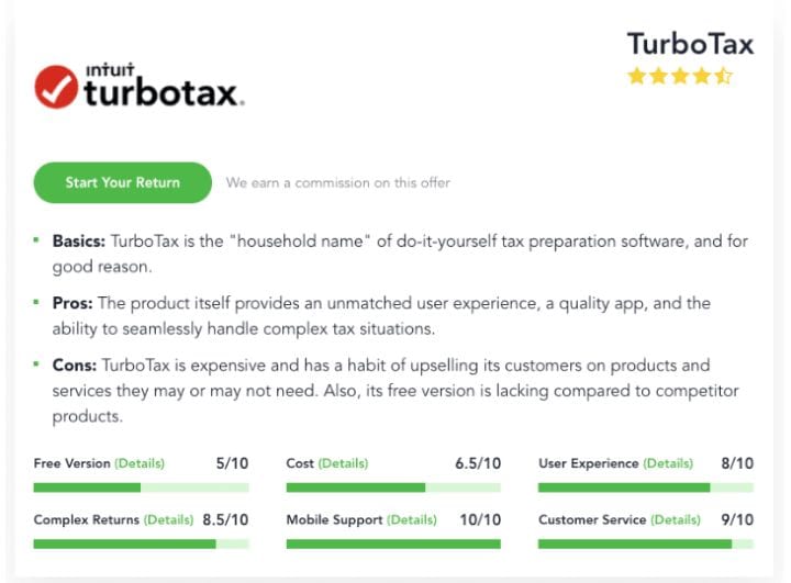TurboTax Product Summary Screenshot