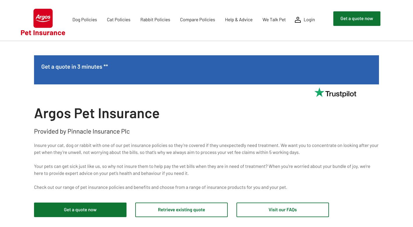 Argos Pet Insurance Website