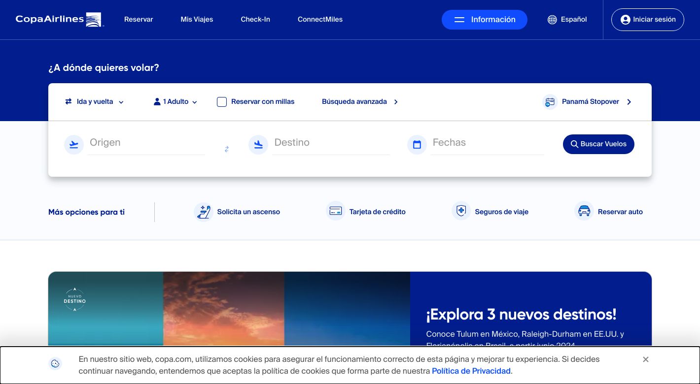 Copa Airlines ConnectMiles Website