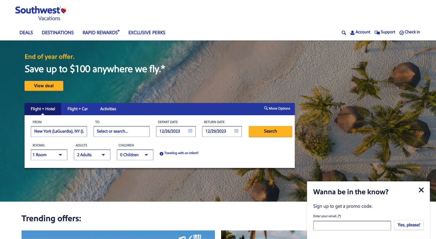 Southwest Vacations Website